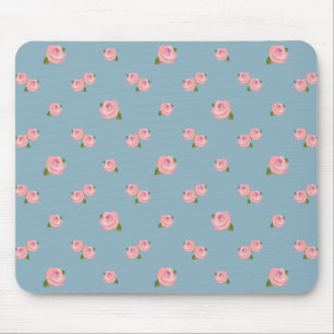 Pink Roses Pattern on Blue Mouse Mat