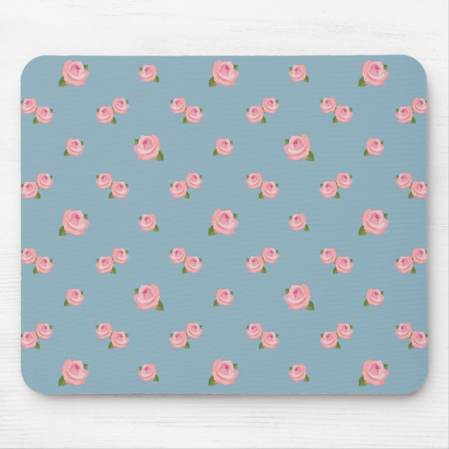Pink Roses Pattern on Blue Mouse Mat (Front)