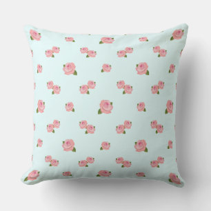 Pink Roses Pattern on Light Blue Cushion