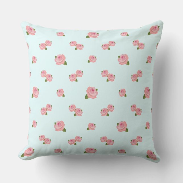 Pink Roses Pattern on Light Blue Cushion (Front)