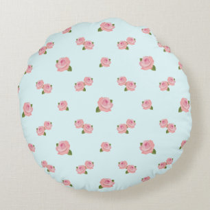 Pink Roses Pattern on Light Blue Round Cushion