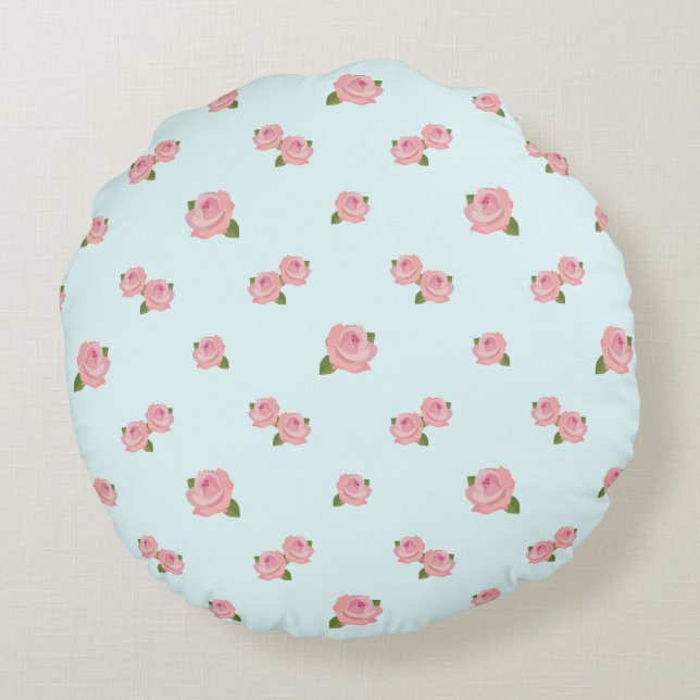 Pink Roses Pattern on Light Blue Round Cushion (Back)