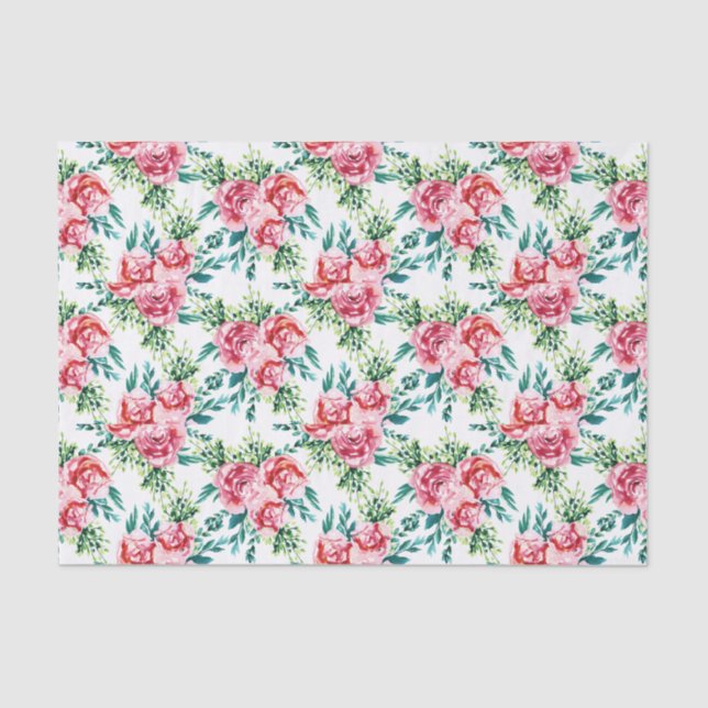 Pink Roses Pattern Watercolors Illustration Tissue Paper (Front)