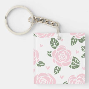 Pink Roses Pattern with Green Leaves and Hearts Key Ring
