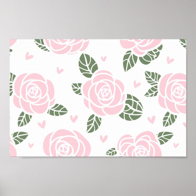 Pink Roses Pattern with Green Leaves and Hearts Poster (Front)