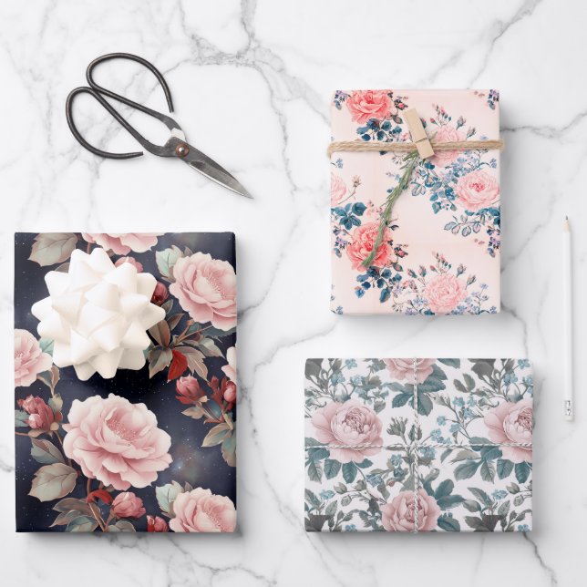 Pink Roses Pattern Wrapping Paper Sheet (Front)