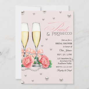 Pink Roses Pearls and Prosecco Bridal Shower  Invitation