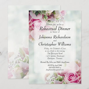 Pink Roses & Peonies Chic Wedding Rehearsal Dinner Invitation