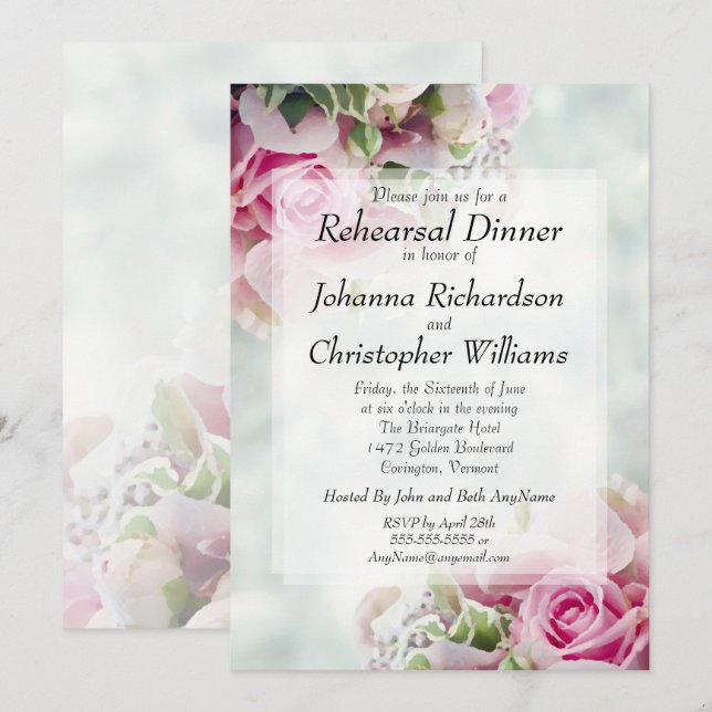 Pink Roses & Peonies Chic Wedding Rehearsal Dinner Invitation (Front/Back)