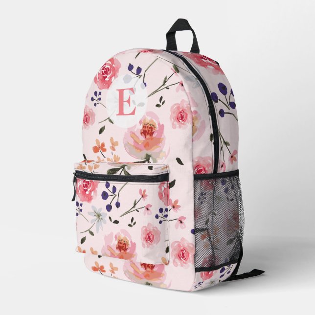 Pink Roses Peonies Watercolor floral Monogram Printed Backpack (Back Corner Right)
