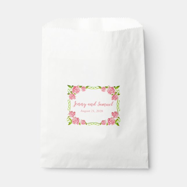 Pink Roses Personalised Wedding Cake Favour Bags (Front)