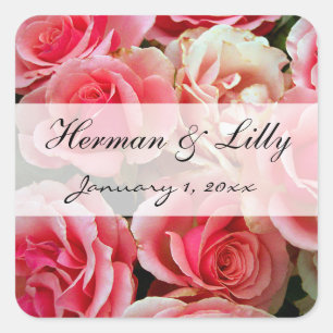 Pink Roses Personalised Wedding Square Sticker