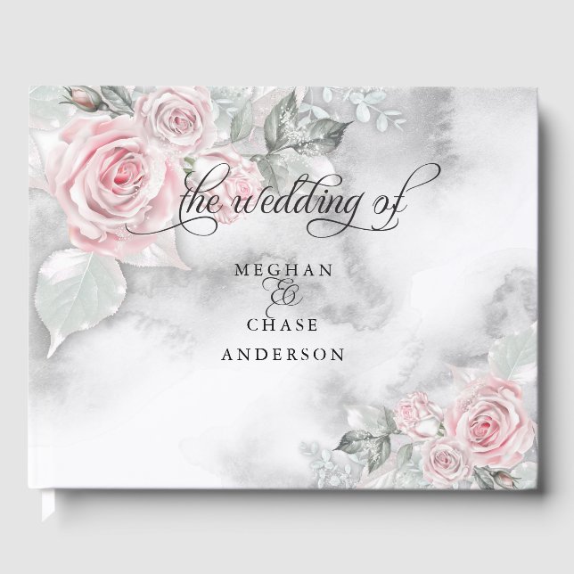 Pink Roses Pewter Watercolor BarefootBride™ Guest Book (Front)