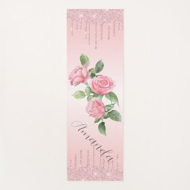 Pink Roses, Pink Background & Pink Glitter Yoga Mat (Front)