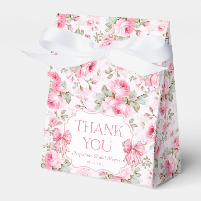 Pink Roses Pink Bow Bridal Shower Thank You Favour Box (Front Side)