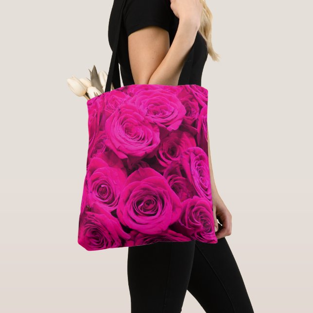 Pink roses pink flowers pink floral tote bag (Close Up)