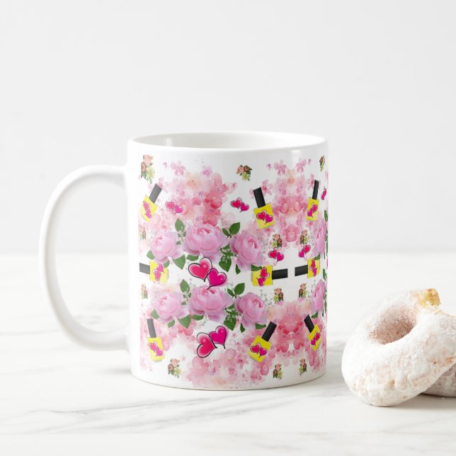 Pink Roses Pink Hearts Yellow Nail Polish Mug (With Donut)