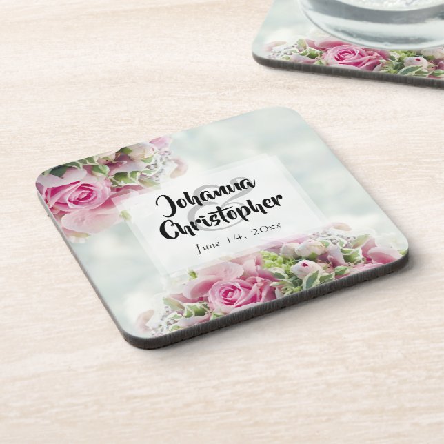 Pink Roses Plastic Wedding Coaster (Left Side)