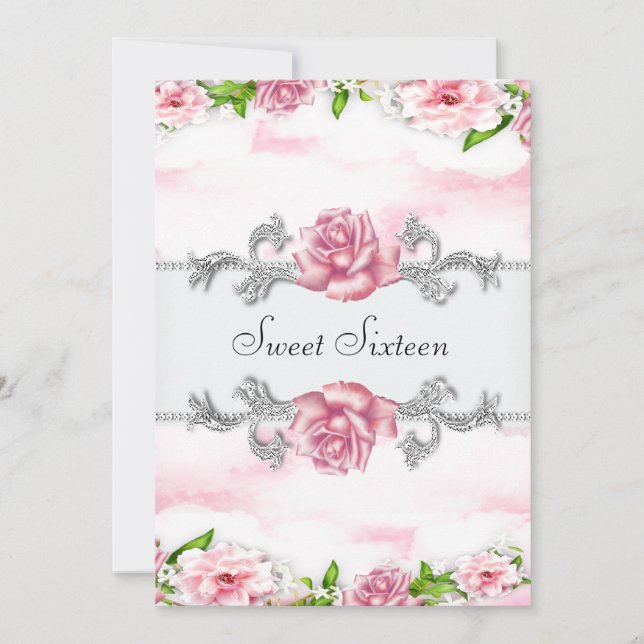 Pink Roses Pretty Pink White Sweet Sixteen Party Invitation (Front)