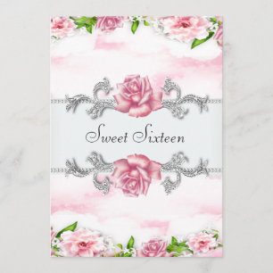 Pink Roses Pretty Pink White Sweet Sixteen Party Invitation