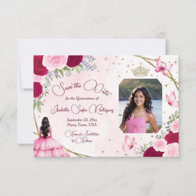 Pink Roses Princess Butterfly & Photo Quinceanera Save The Date (Front)