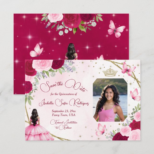 Pink Roses Princess Butterfly & Photo Quinceanera Save The Date (Front/Back)