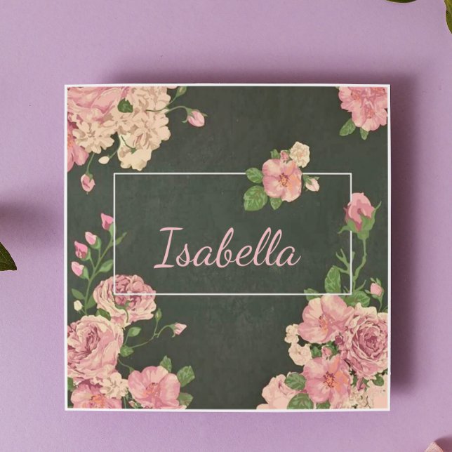Pink Roses Print, personalised name Tile (Creator Uploaded)