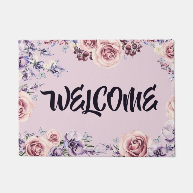 Pink Roses Purple Flowers Border Welcome Door Mat (Front)