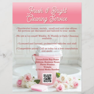 Pink Roses QR Code Cleaning Service Business Flyer