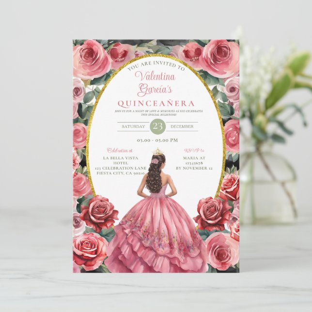 Pink Roses Quinceañera 15 Anos Flowers Gold  Invitation (Standing Front)