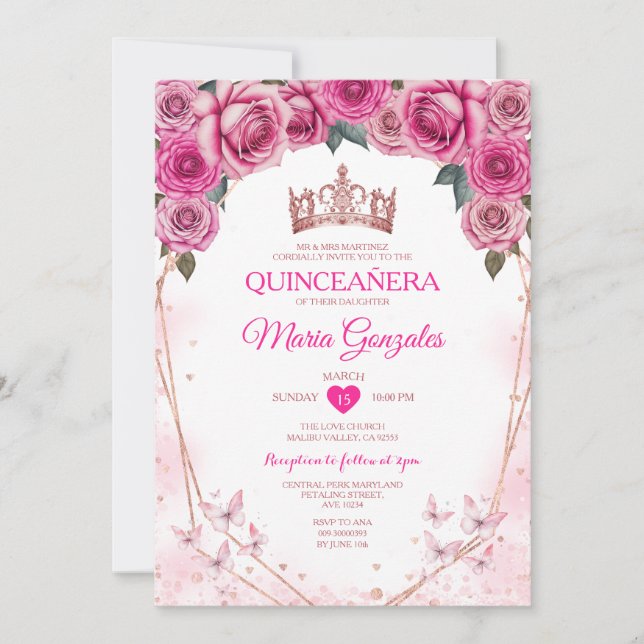 Pink Roses Quinceañera Crown Butterfly 15 Anos Invitation (Front)