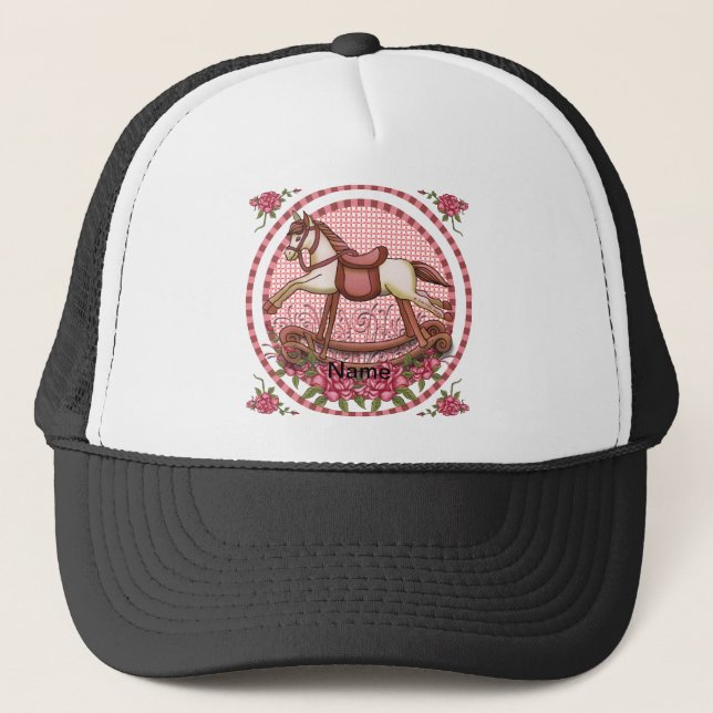 Pink Roses Rocking Horse Trucker Hat (Front)