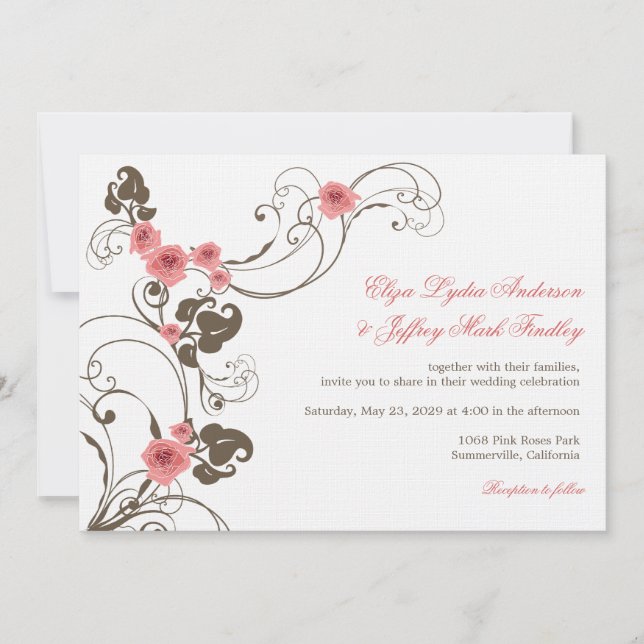 Pink Roses Romantic Florals Elegant Wedding Invite (Front)