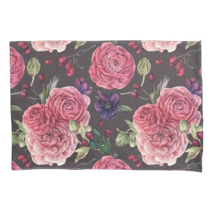 Pink Roses Romantic On Grey Pattern Pillowcase