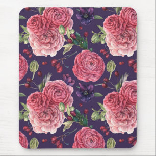 Pink Roses Romantic On Purple Pattern Mouse Mat