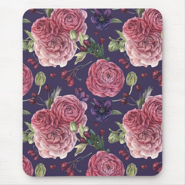 Pink Roses Romantic On Purple Pattern Mouse Mat (Front)