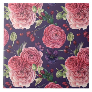 Pink Roses Romantic On Purple Pattern Tile