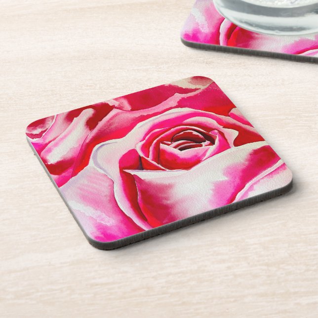 Pink roses romantic watercolor art coaster (Left Side)