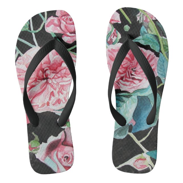 Pink Roses Rose floral flowers watercolor Thongs (Footbed)