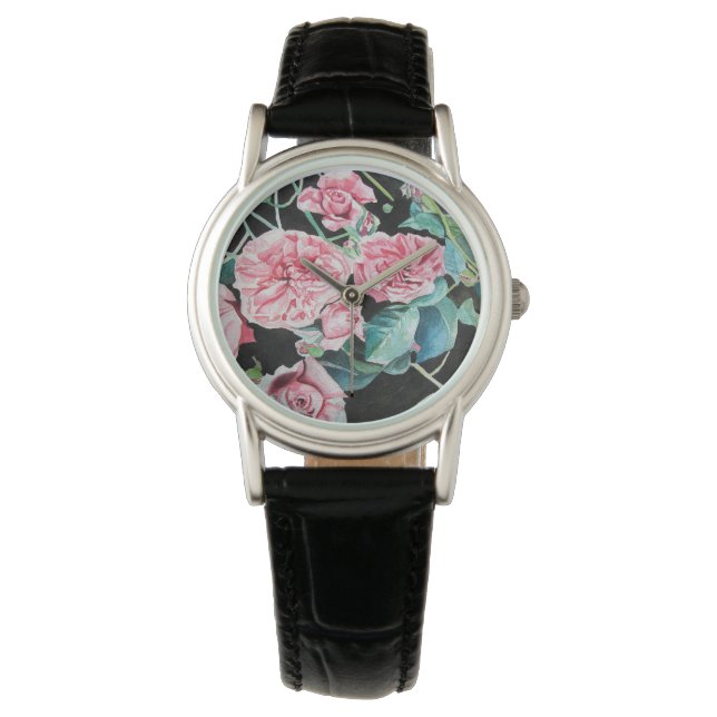 Pink Roses Rose floral flowers watercolor Watch (Front)