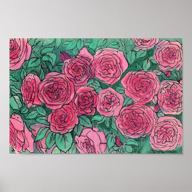 Pink Roses, Rose Flowers Garden Floral Art Sketch Poster (Front)