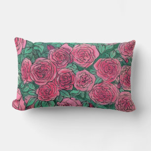 Pink Roses, Rose Garden, Life Sketch Ink Pastels Lumbar Cushion