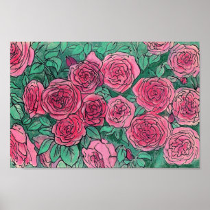 Pink Roses, Rose Garden, Life Sketch Ink Pastels P Poster