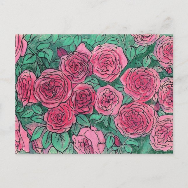 Pink Roses, Rose Garden, Life Sketch Ink Pastels Postcard (Front)