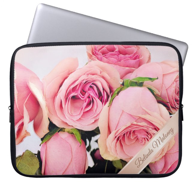 Pink Roses Rose Gold Add Name Laptop Sleeve (Front)