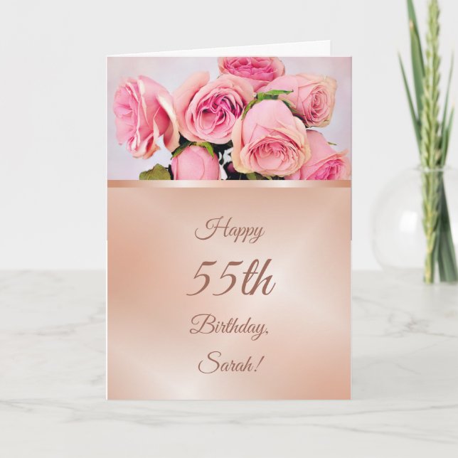 Pink Roses Rose Gold Birthday Card (Front)