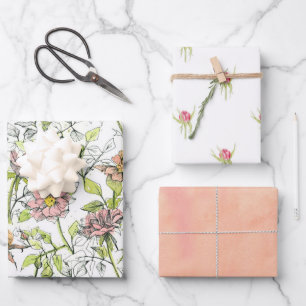 Pink Roses Rosebud Flowers Melon Orange  Wrapping Paper Sheet