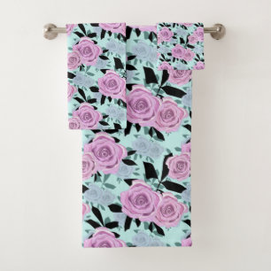  pink roses, roses , turquoise background   bath towel set