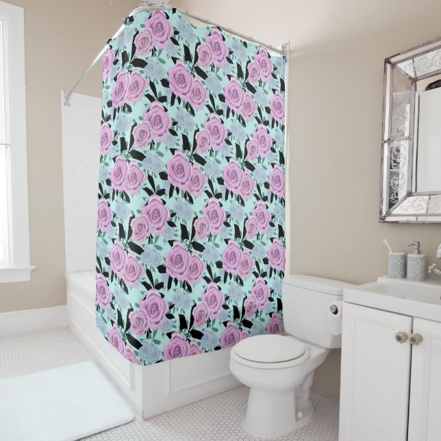  pink roses, roses , turquoise background   shower curtain (In Situ)