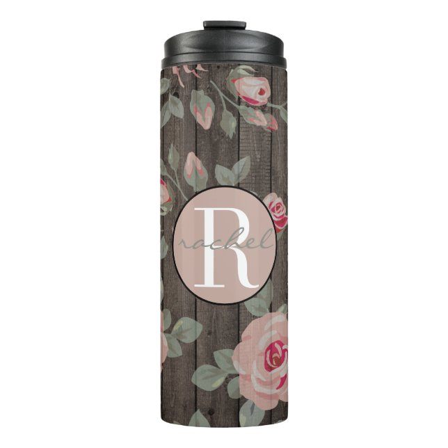 Pink Roses/Rustic Wood Monogrammed Thermal Tumbler (Front)